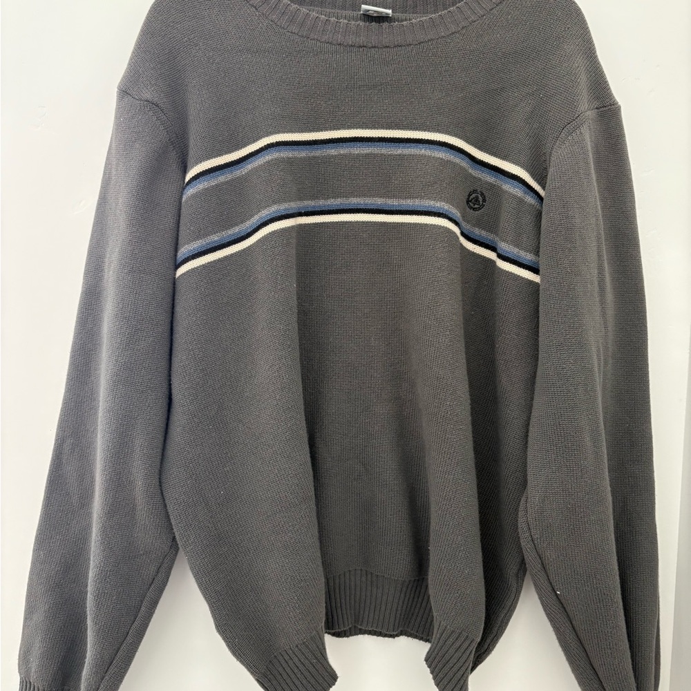Old Navy Charcoal Crewneck Sweater with Blue and White Stripes